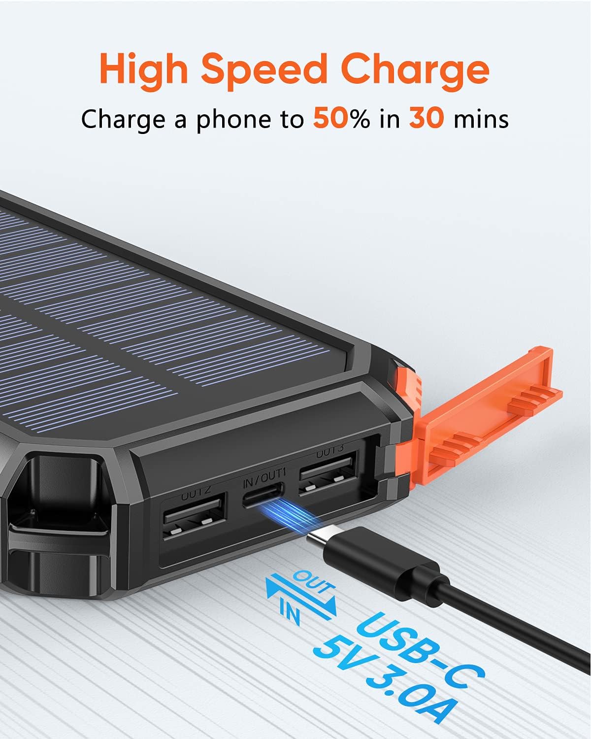 Hiluckey Solar Charger Power Bank 27000mAh 3 Built-in USB Cables