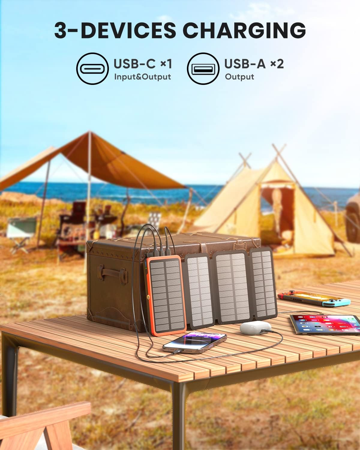 Hiluckey Solar Charger 27000mAh with 4 Solar Panels 3 USB Outputs