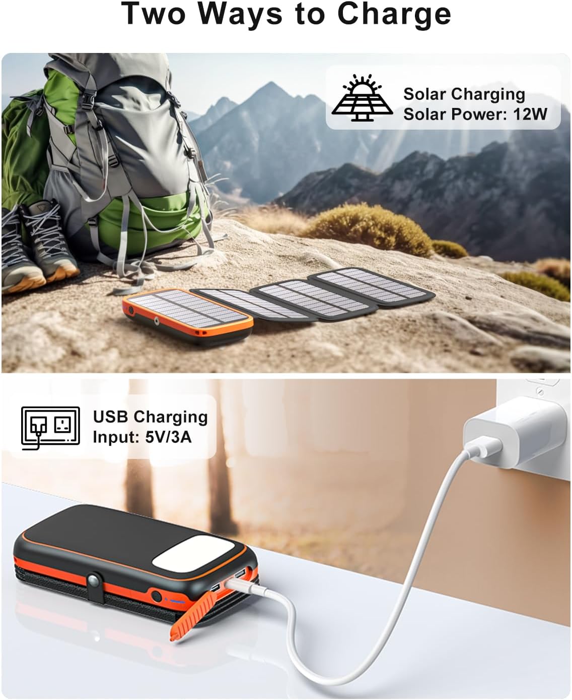 Hiluckey Solar Charger Power Bank 27000mAh with 4 Solar Panels