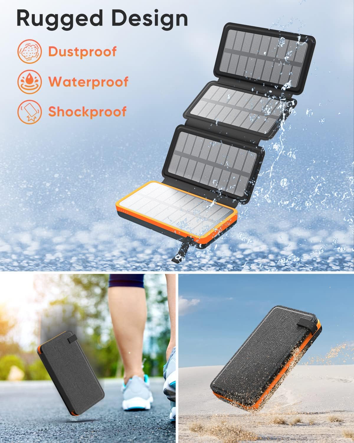 Hiluckey Solar Charger 25000mAh with 4 Solar Panels 3 USB Outputs