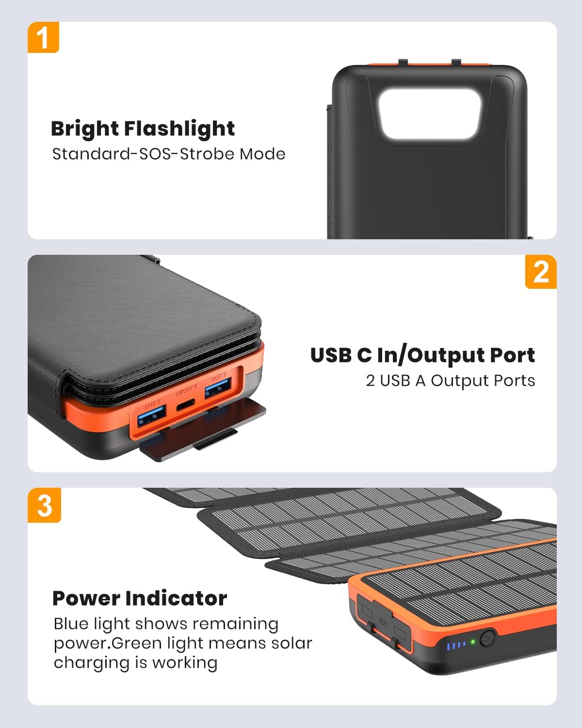 Hiluckey Solar Charger 27000mAh with 4 Solar Panels 3 USB Outputs