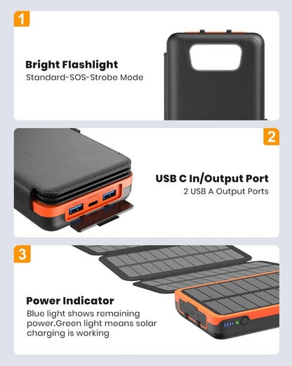 Hiluckey Solar Charger 27000mAh with 4 Solar Panels 3 USB Outputs