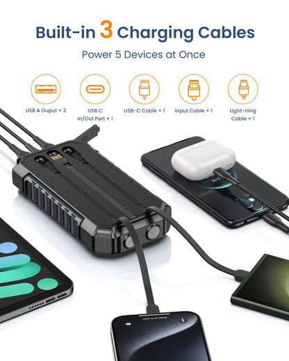 Hiluckey Solar Charger 27000mAh Power Bank Built in 3 Cables Five Outputs 15W Fast Charging Phone Power Bank