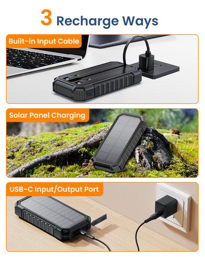 Hiluckey Solar Charger 27000mAh Power Bank Built in 3 Cables Five Outputs 15W Fast Charging Phone Power Bank