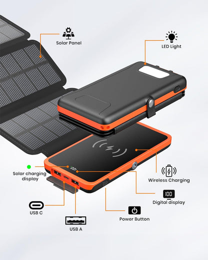 Hiluckey Wireless Solar Charger 10000mAh with 4 Solar Panels